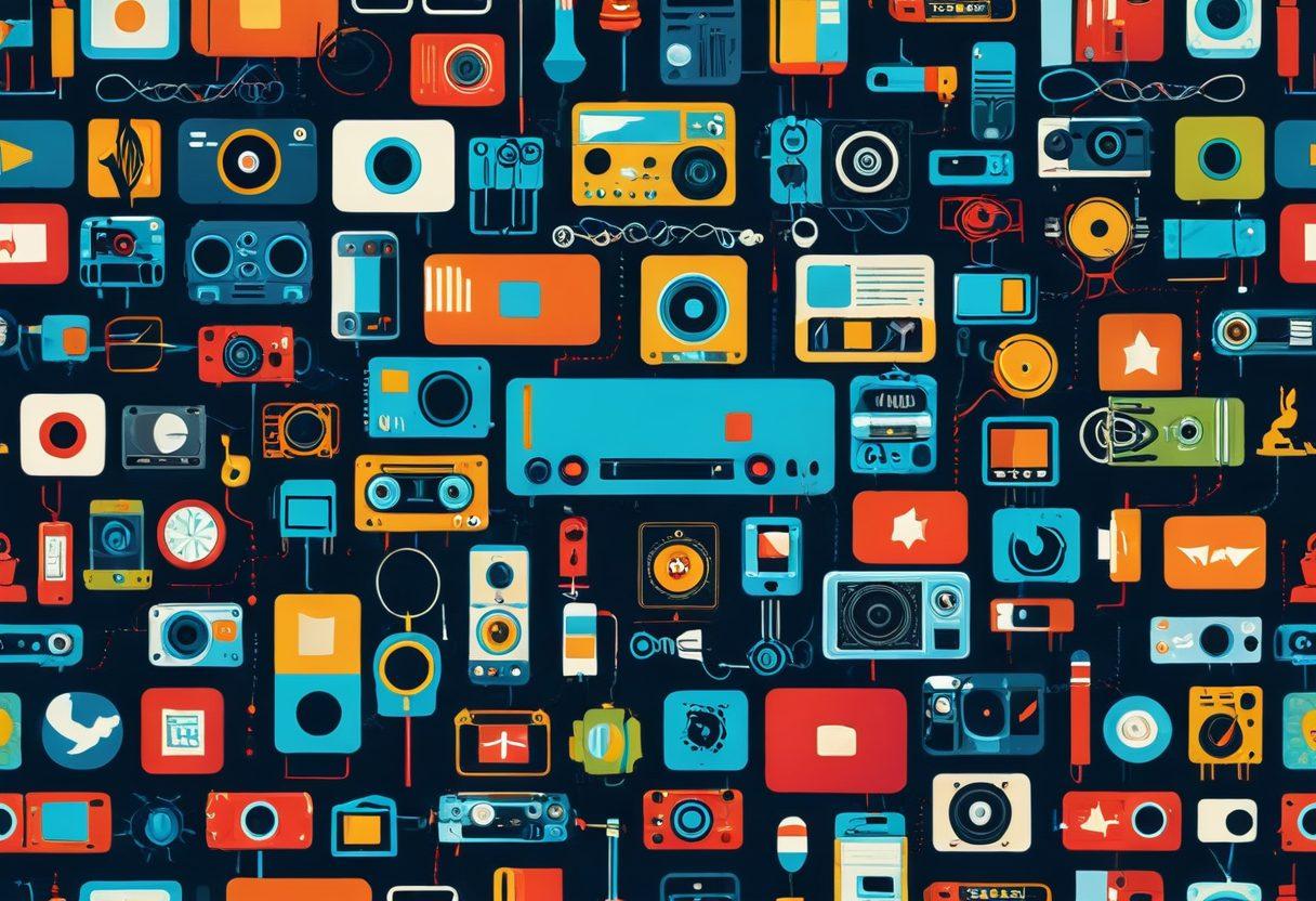 A dynamic collage illustrating the evolution of entertainment, featuring a timeline from traditional media like radio and television to modern short video platforms like TikTok and Instagram Reels. Include diverse people of various ages engaging with smartphones and tablets, with vibrant short video clips emerging from the devices. Incorporate iconic symbols of entertainment history such as film reels and vintage microphones. Bright colors and a modern aesthetic highlight the contrast between past and present. vector art. vibrant colors.