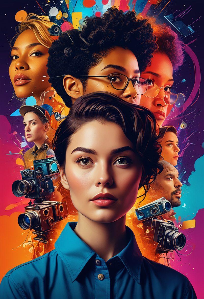 A dynamic collage featuring diverse individuals passionately creating short films and video snippets, surrounded by film reels, cameras, and vibrant digital screens displaying snippets of their work. The background should be a colorful blend of creativity, with elements like lightbulbs, paint splashes, and digital icons representing innovation in media. The overall feel should evoke inspiration and modern storytelling. vivid colors. contemporary art style. digital collage.