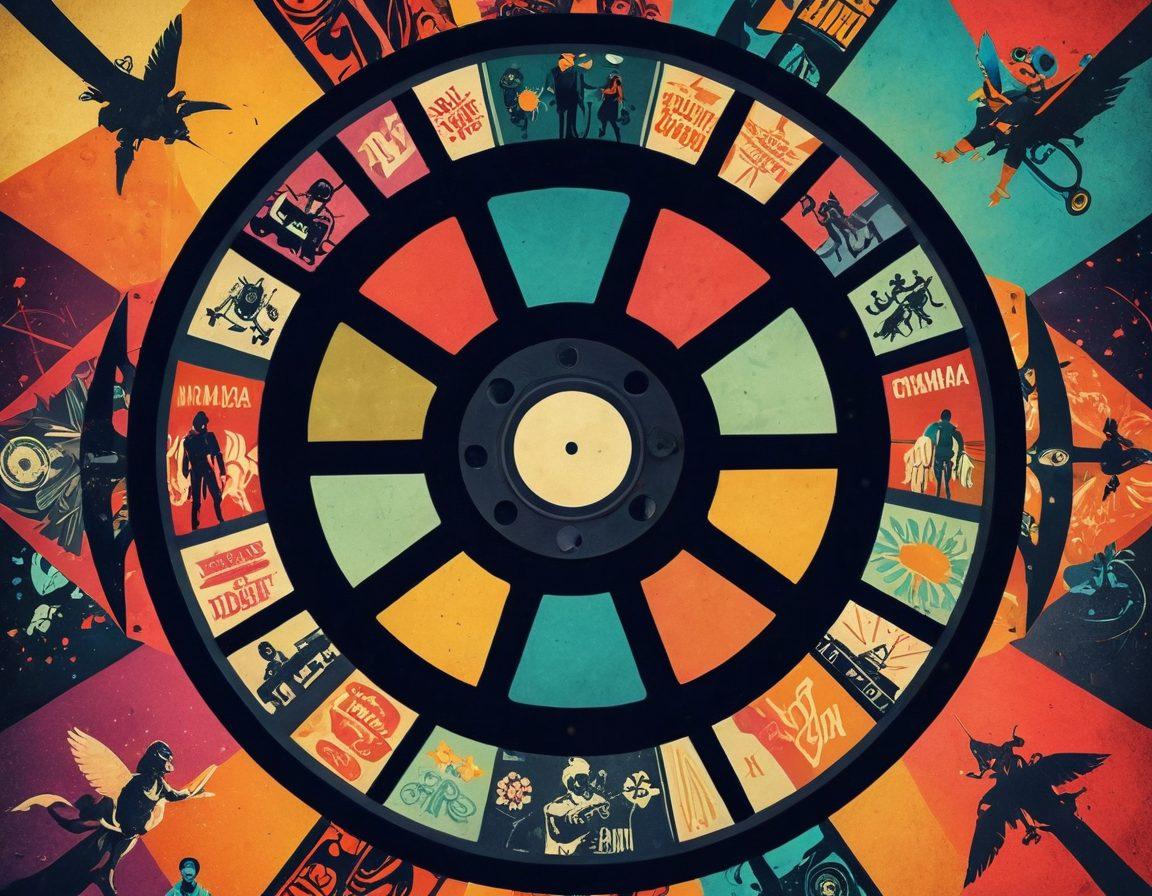 A dynamic collage featuring iconic scenes from various user-generated short films, merging clips with vibrant cult classic characters in a burst of colors. Include a vintage film reel intertwining with modern digital elements, symbolizing the evolution of film. Infuse a sense of nostalgia with retro film effects while showcasing a diverse group of filmmakers passionately creating content. cinematic, vibrant colors, mixed media style.
